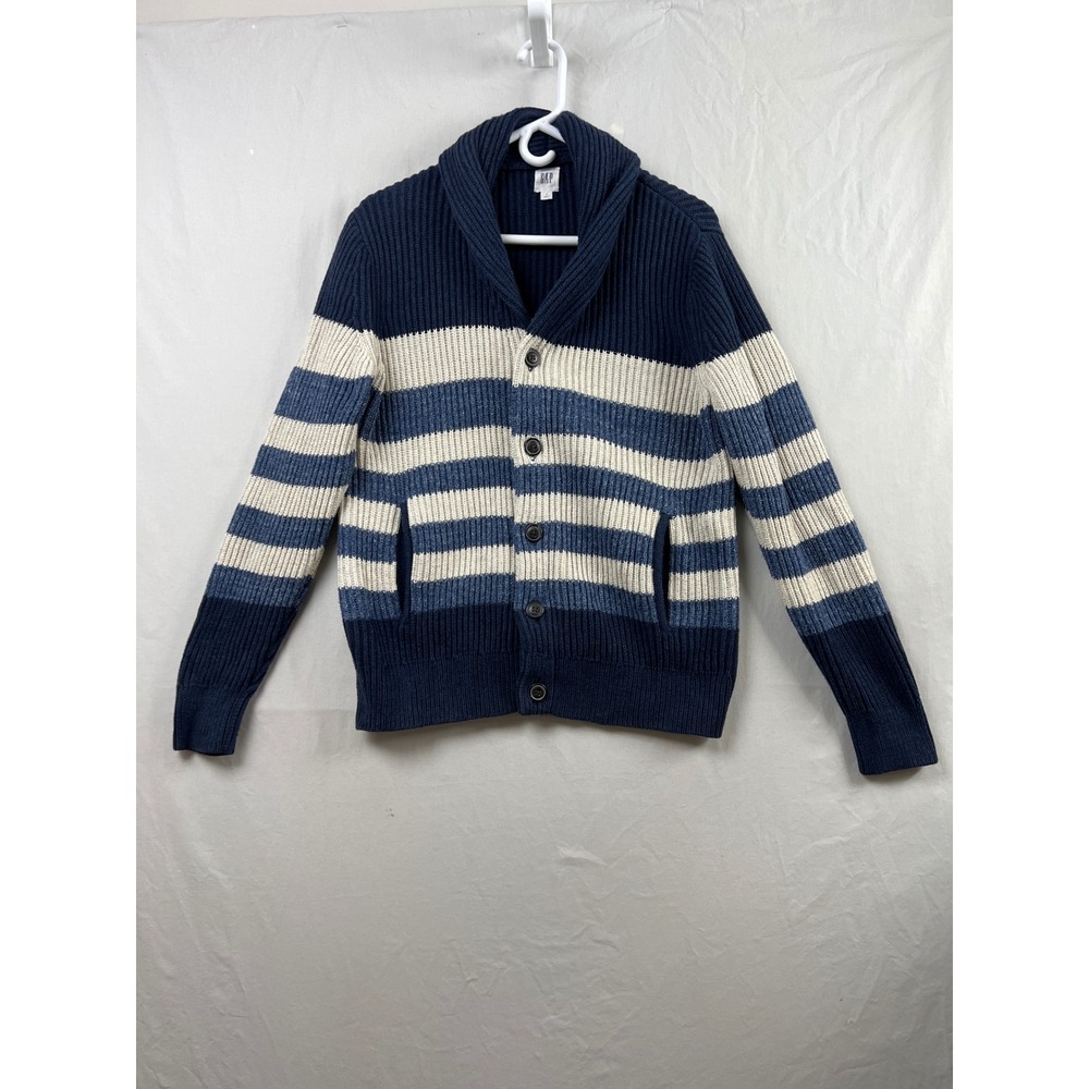 GAP Cardigan Sweater Mens Small Blue Striped Shawl Collar Shaker Rib Knit